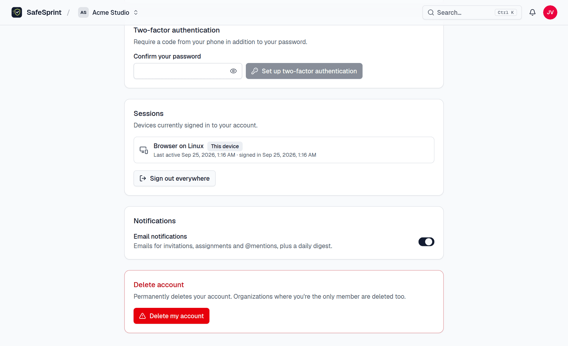Account settings showing two-factor authentication, the list of signed-in devices, notification settings and account deletion
