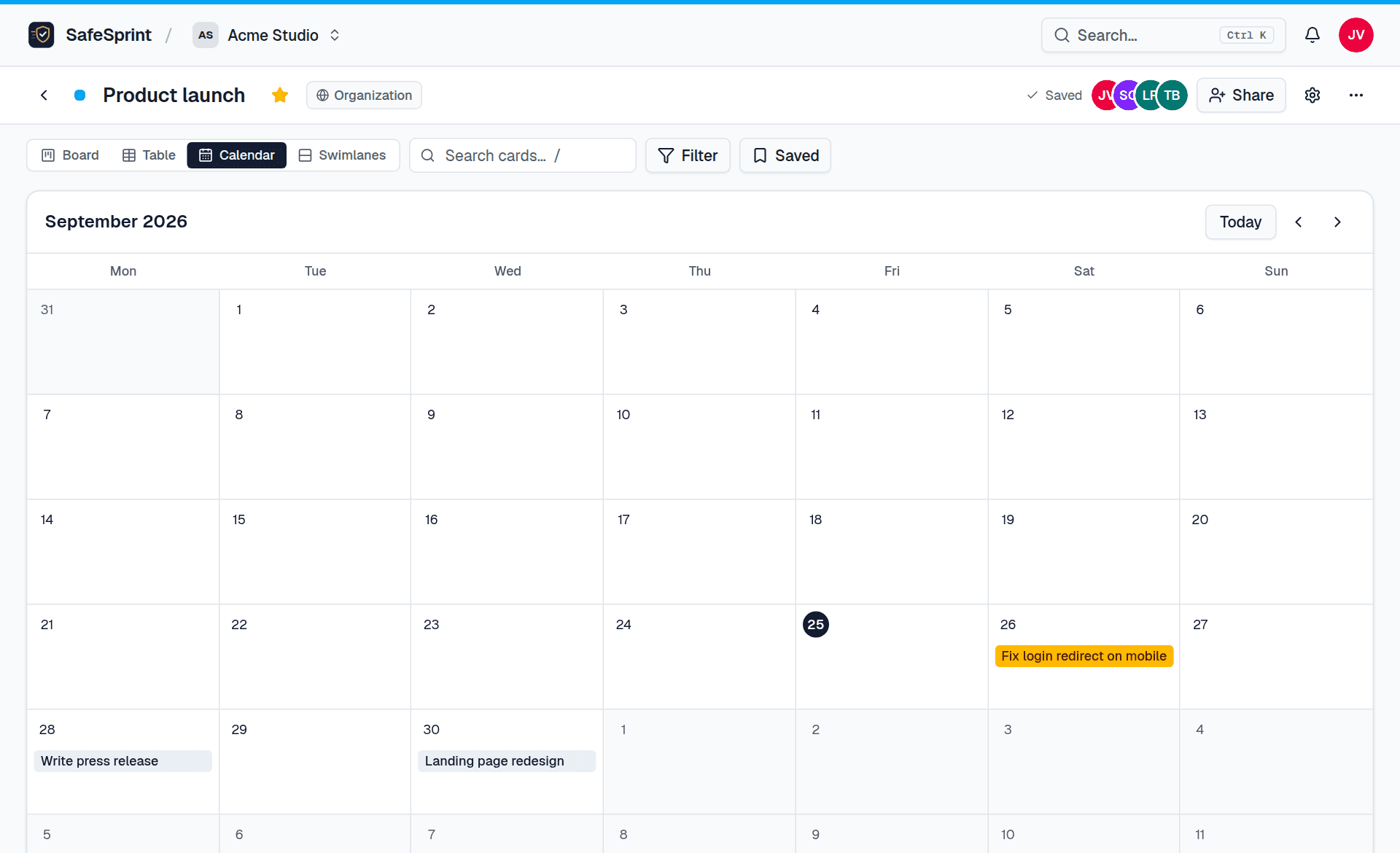The calendar view for September with cards on their due dates