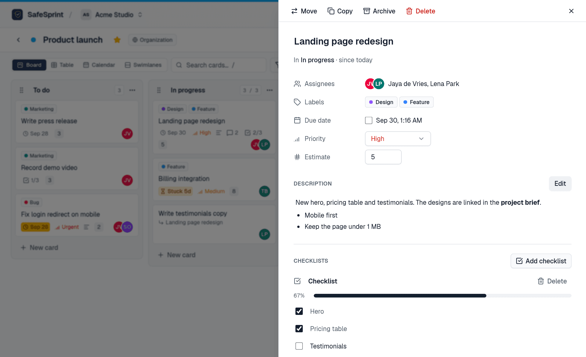 An open card showing assignees, labels, due date, priority, estimate, a Markdown description and a checklist