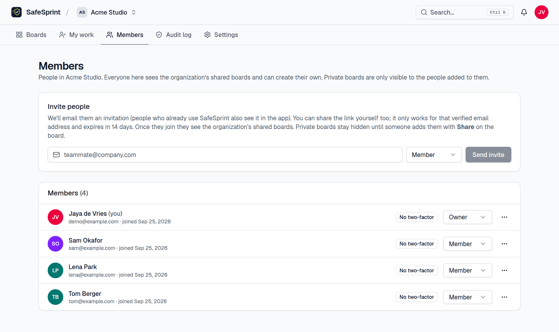 The members page with an invite form and a list of four members and their roles