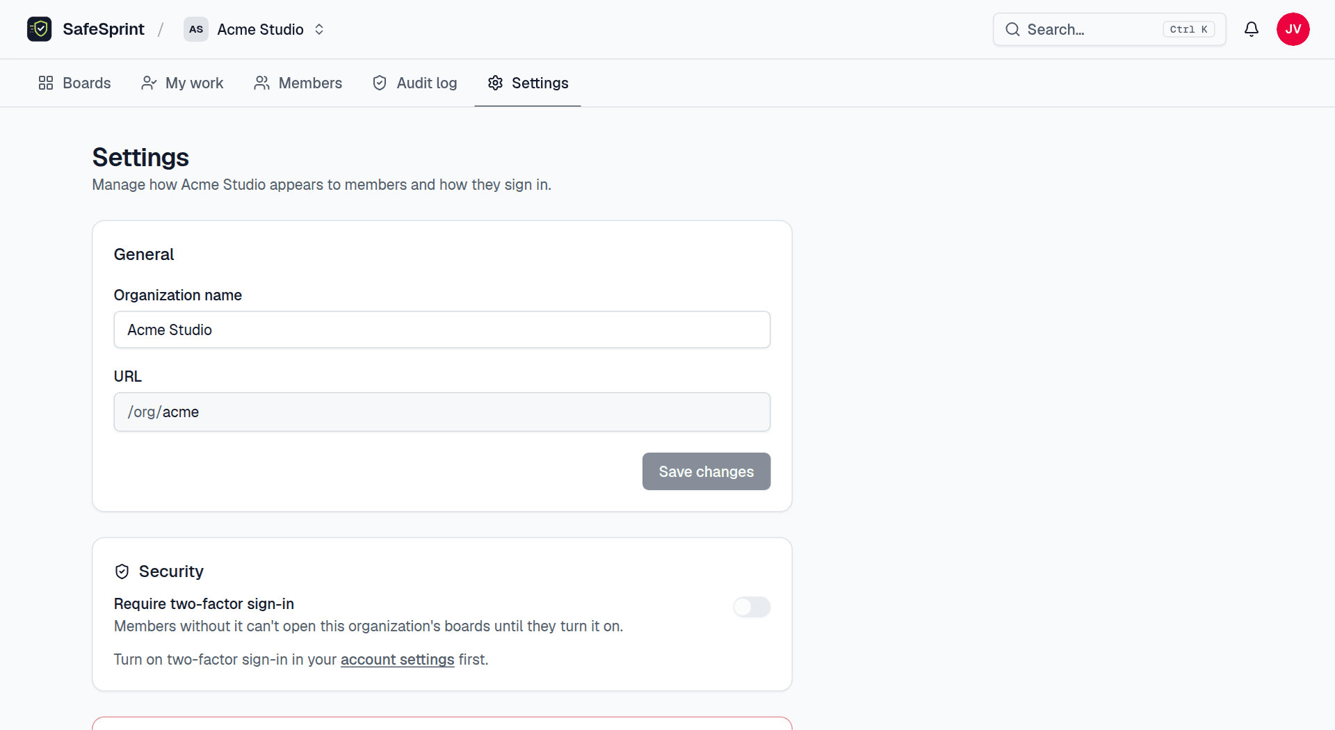 The organization settings with the Security section and the Require two-factor sign-in switch turned on