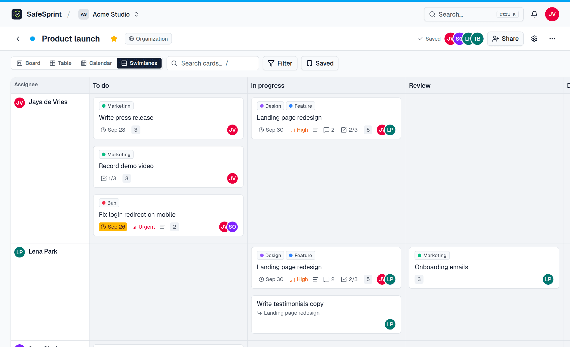 The swimlanes view with a row for each assignee and a column for each list